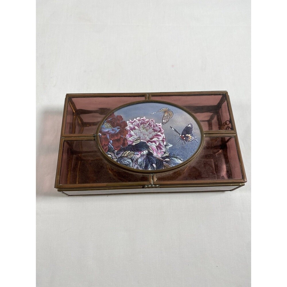Vintage Enesco Purple Glass Jewelry Box Flower Butterfly Mirrored Hinged